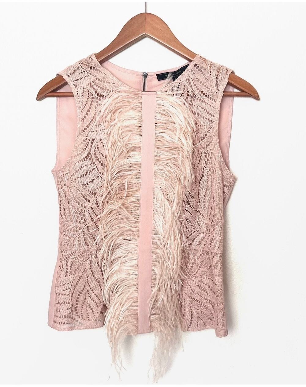BCBG MAX AZRIA Meg Lace Feather Trim Tank Top Blush Pink Ostrich Sleeveless S